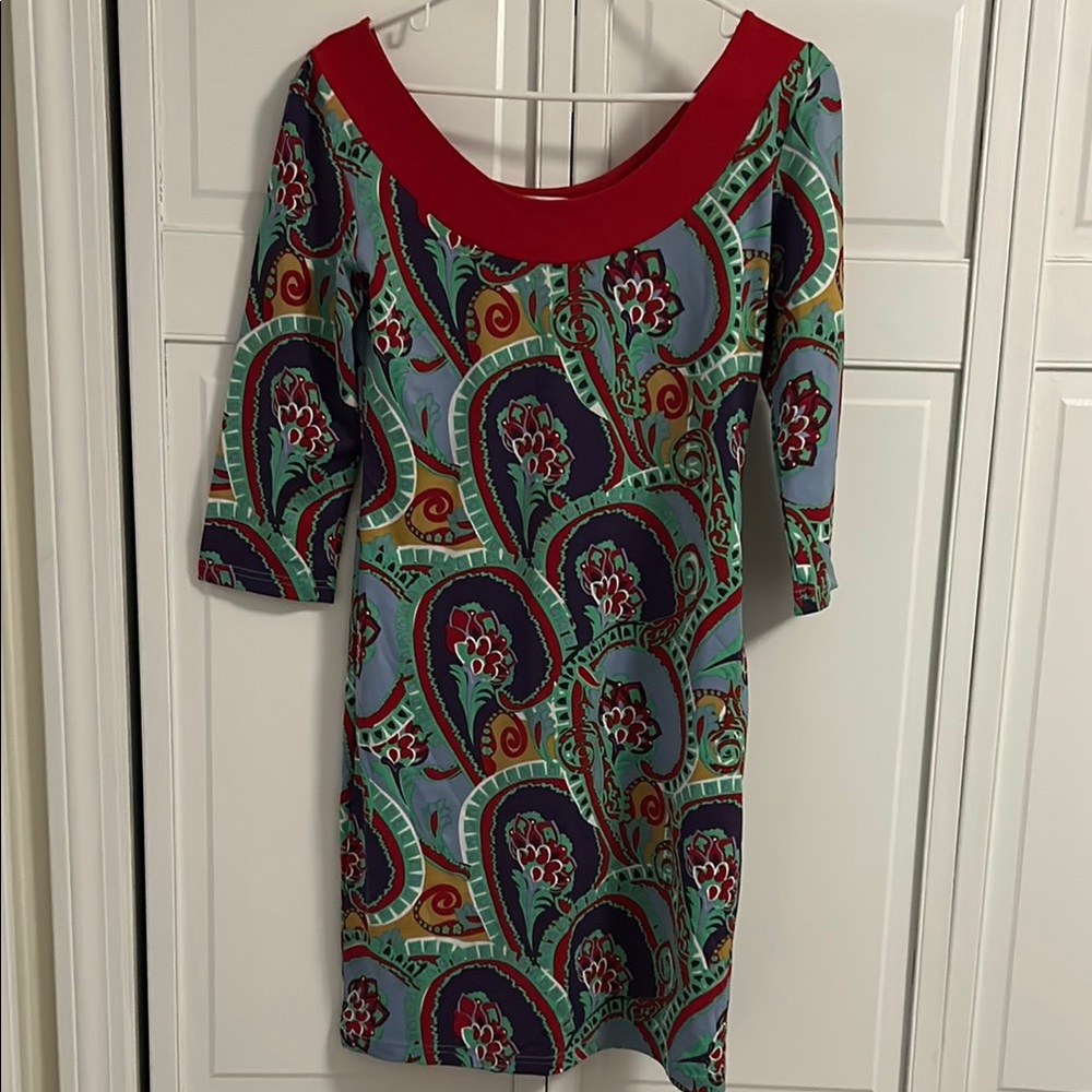Tracy Negoshian Women's Colorful Paisley Dress with Red Accents